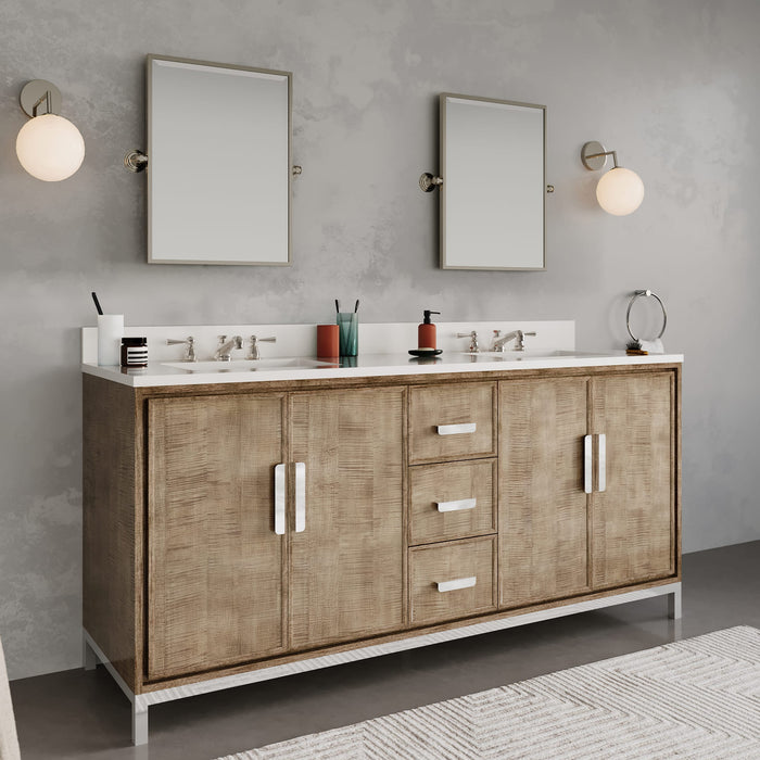 72-Inch Torian Double Sink Quartz Bathroom Vanity Set Lustrous Walnut with Mirror & Faucets