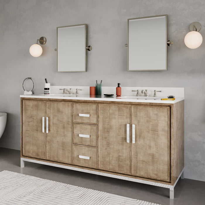 72-Inch Torian Double Sink Quartz Bathroom Vanity Set Lustrous Walnut with Mirror & Faucets