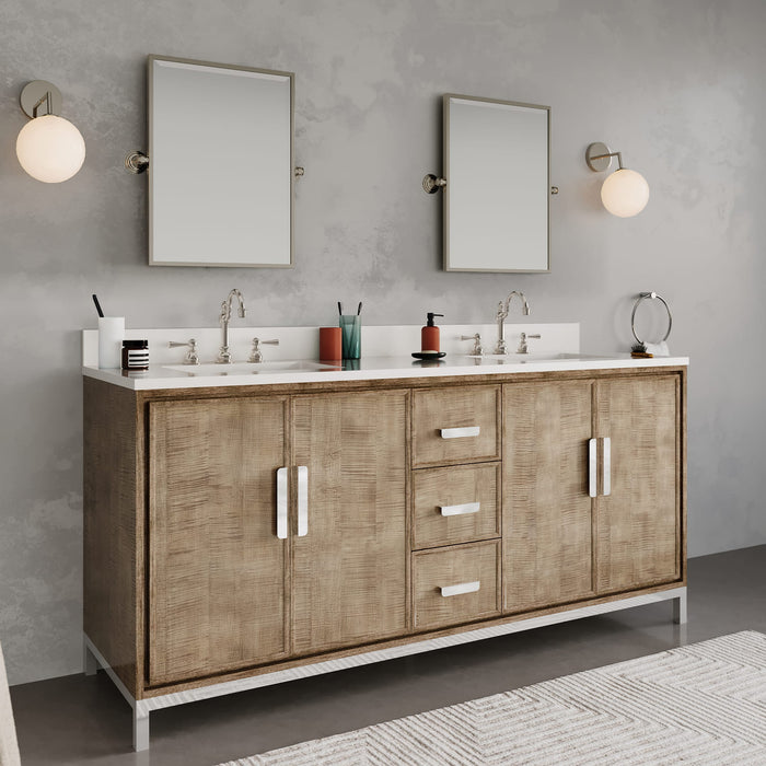 72-Inch Quartz Double Sink Bathroom Vanity Nautica Lustrous Walnut Contemporary with Hook Faucets