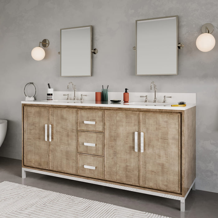 72-Inch Quartz Double Sink Bathroom Vanity Nautica Lustrous Walnut Contemporary with Hook Faucets